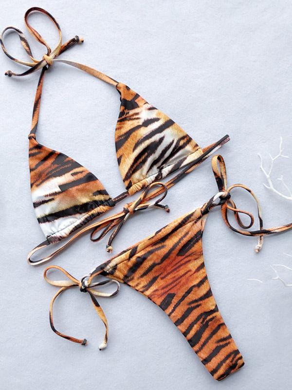 Tiger Print Split Bikini Swimsuit