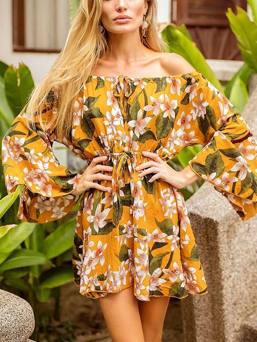 Off-the-shoulder Floral A-line Trumpet Sleeves Dress
