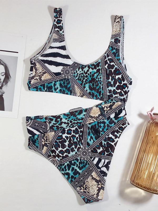 U-Neck Sash Printing Bikini Swimsuit