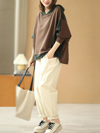 Casual Split-Joint Contrast Color Batwing Sleeve Hoodies