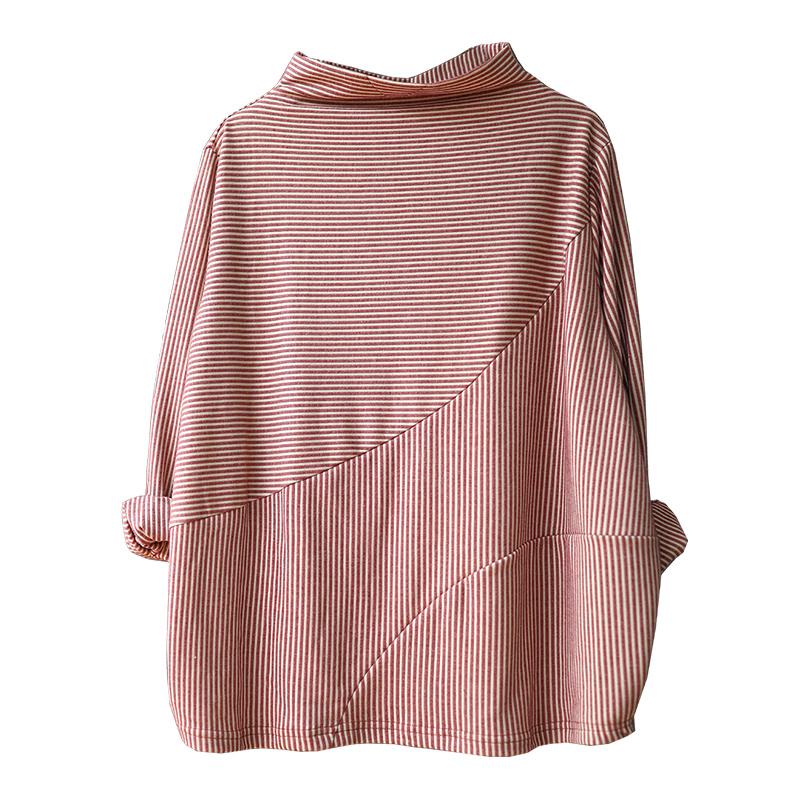 Buykud Long Sleeve Half Turtleneck Striped Blouse
