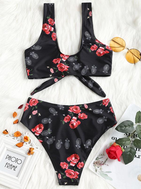 Knotting High Waist Printed Bikinis Swimwear
