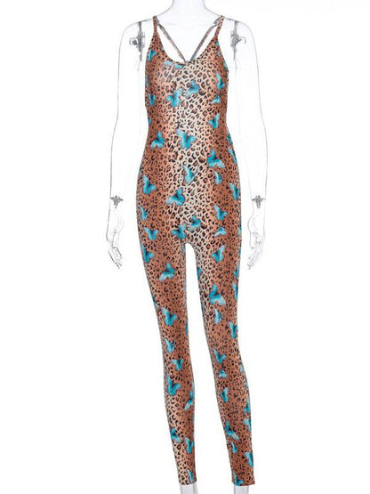 Printed Spaghetti-Neck Backless Yoga Jumpsuits Bottoms