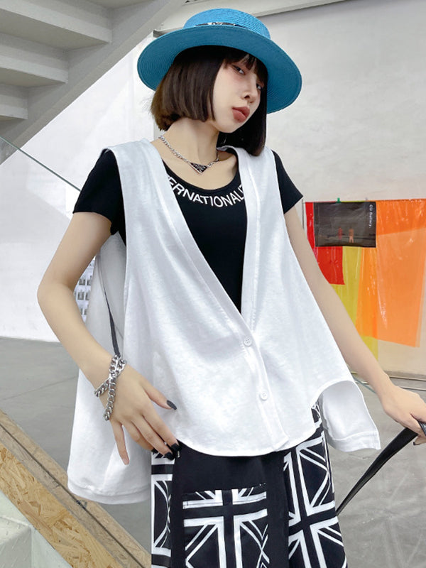 Simple Casual Loose Buttoned Solid Color Vest Outwear