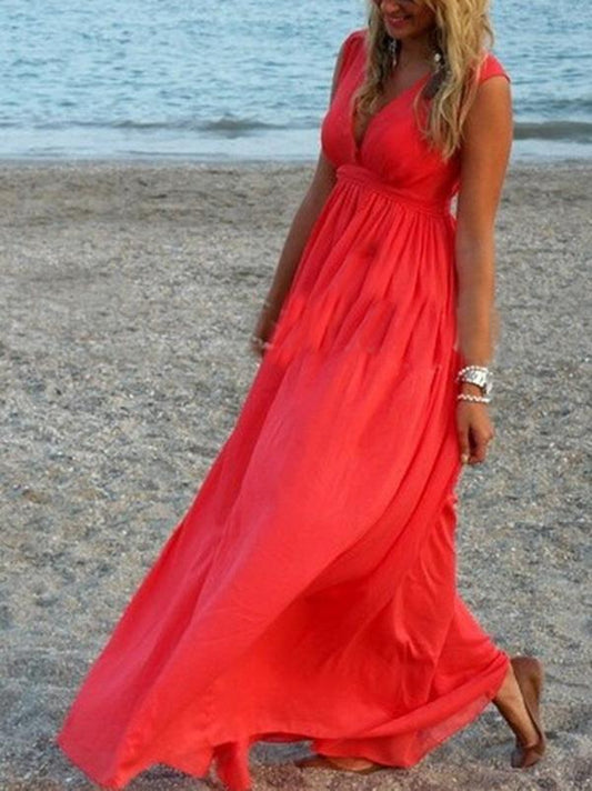 Ruffled V-neck Sleeveless Maxi Dress