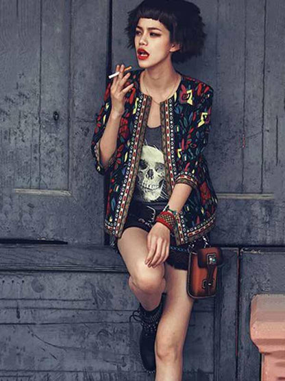 Fashion Inwrought 3/4 Sleeve Round Neck Outwears Tops
