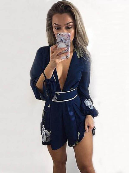 Printed Lace-up Backless Mini Romper