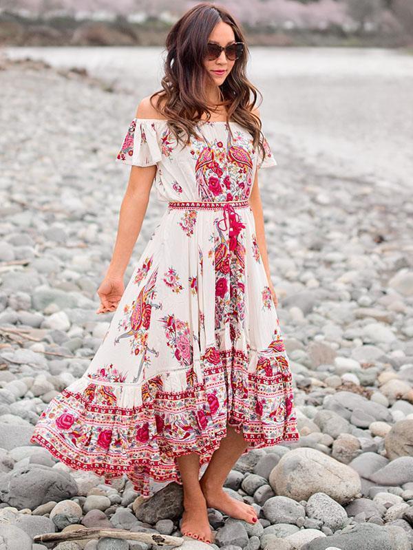 Pretty Bohemia Floral Off Shoulder Short Sleeve Beach Dress Maxi Dress