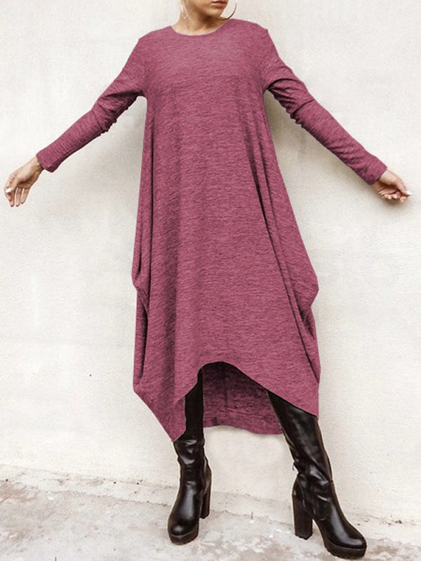 Simple Solid Color Round-Neck Long Sleeves Midi Dress