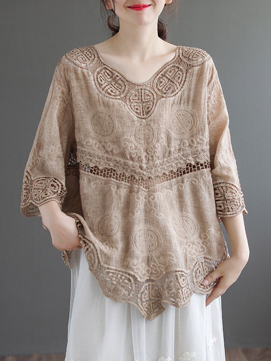 Cotton Blend Embroidered  Hollow V-Neck T-Shirts Tops