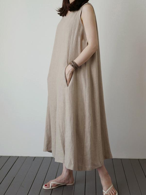 Light Khaki Loose Sleeveless Round-neck Wide Leg Jumpsuits