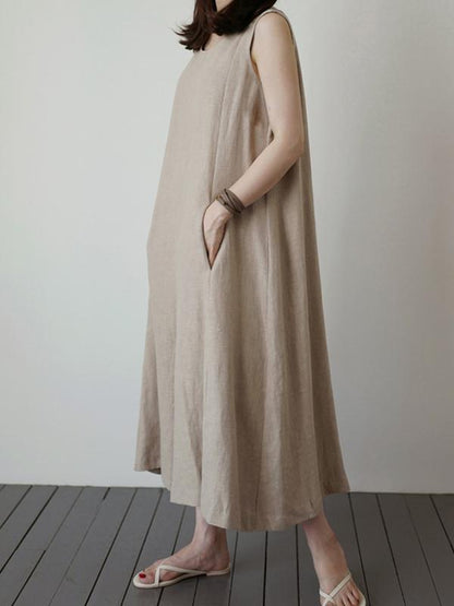 Light Khaki Loose Sleeveless Round-neck Wide Leg Jumpsuits