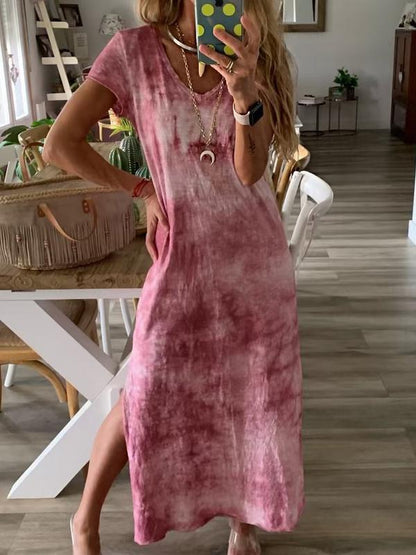 Tie-dyed Split-side V-neck Maxi Dress