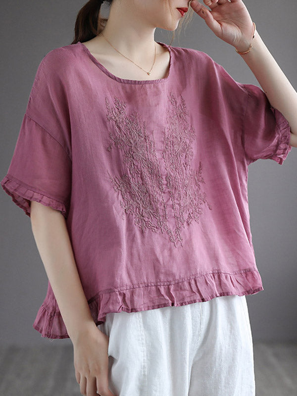 Ramie Cotton Embroidered Round-Neck T-Shirts Tops