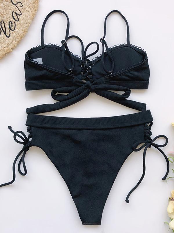 Solid Color Bandage Hollow Split Bikini Swimsuit