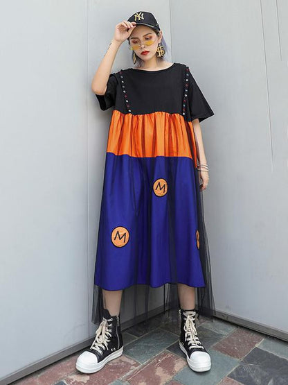 Loose Mesh Split-joint Short Sleeves Dress