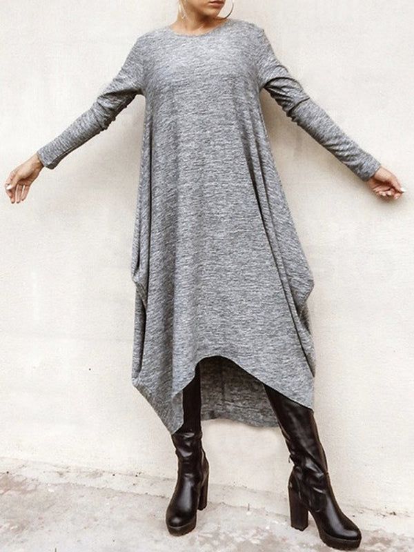 Simple Solid Color Round-Neck Long Sleeves Midi Dress