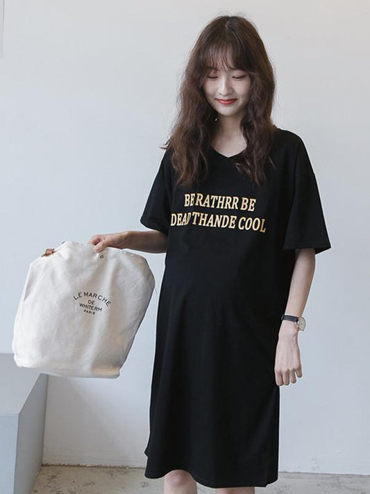 Maternity Letter Print Short Sleeves Midi Dress