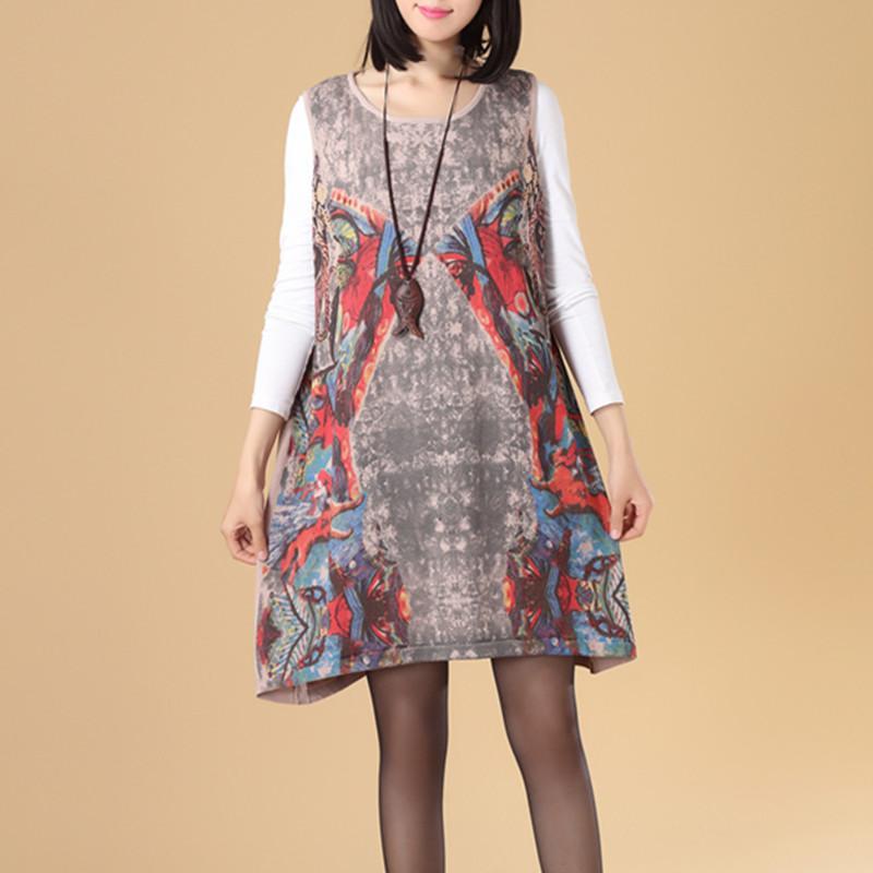 Autumn Women Round Neck Sleeveless Colorful Printing Sweater Dress