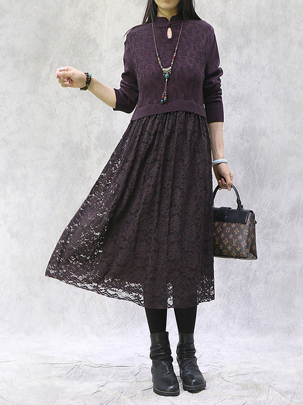 Artistic Retro Solid Color Split-Joint Buttoned Embroidered Hollow Lace Stand Collar Long Sleeves Knitted Sweater Dress
