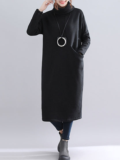 Simple Solid Color With Pocket High-Neck Long Sleeves Sweatshirt Dress