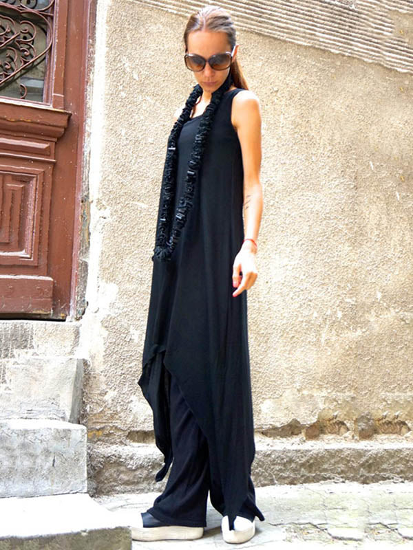 Black&White Loose Soft Asymmetric  Tank Top Long Dress