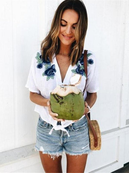 Blue Applique Single Breasted Blouses&Shirts Tops