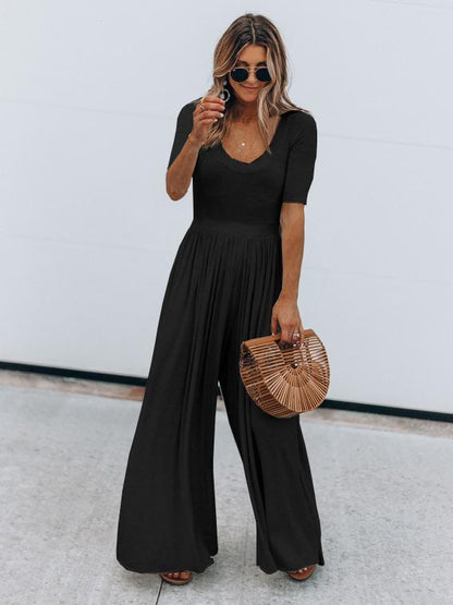 Simple Short Sleeve Wide Leg Jumpsuits
