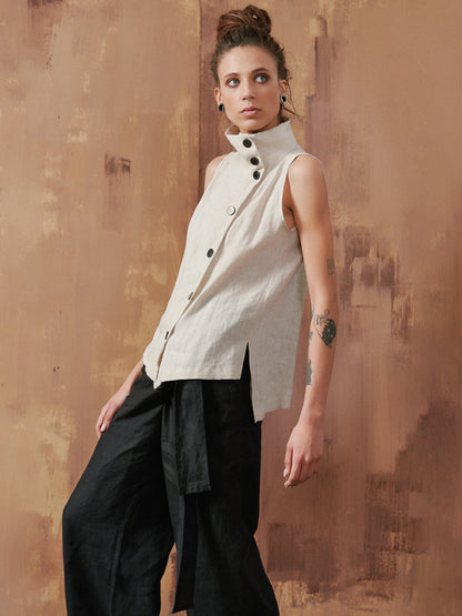 Vintage Ramie Cotton Split-Side Sleeveless Stand Collar Vest Top