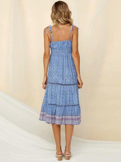 Printed Hollow Split-joint Spaghetti-neck Maxi Dress