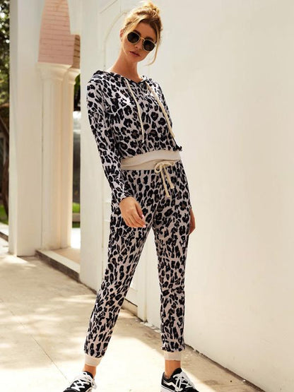 Leopard Drawstring Hoodie&Pants Suits