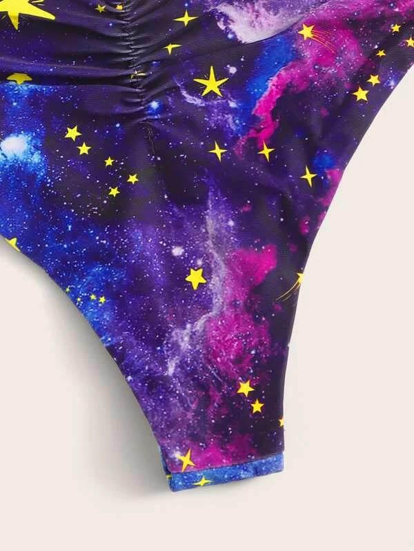 Starry Sky Print Knotted Split Bikini Swimsuit