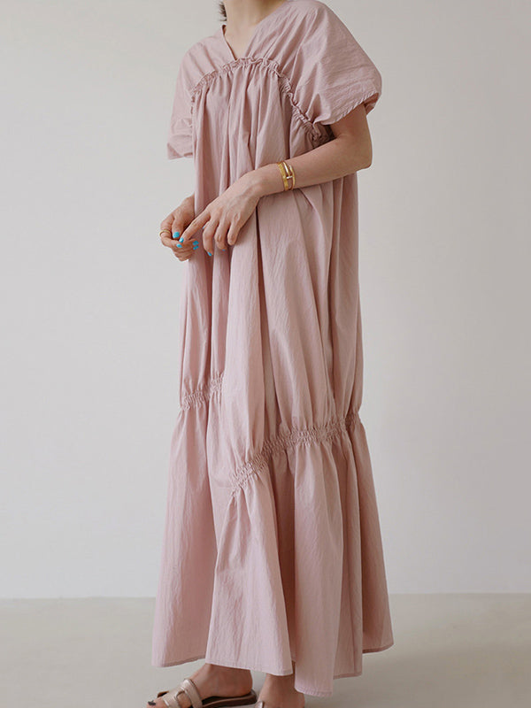 Casual Solid Color Falbala Pleated V-Neck Short Sleeves Maxi Dress