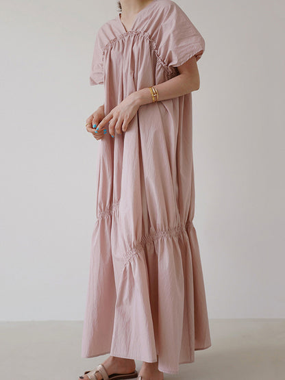 Casual Solid Color Falbala Pleated V-Neck Short Sleeves Maxi Dress