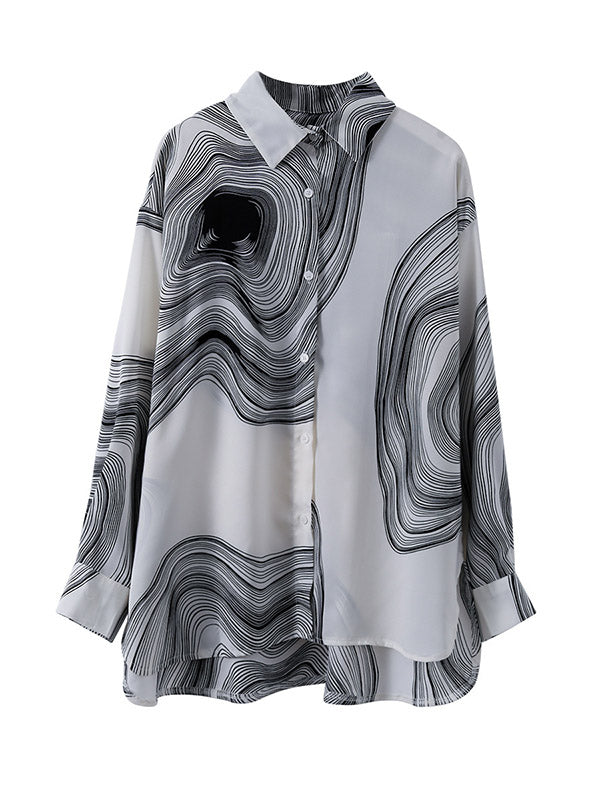 Urban Printed Buttoned Asymmetric Lapel Blouses Tops