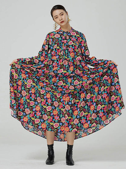 Stylish Floral Printed Stand Collar Buttoned Loose Long Sleeves Midi Dress
