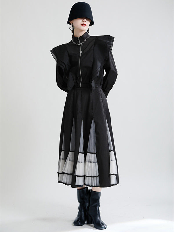 Stylish Solid Color Split-Joint Mesh Falbala Zipper Stand Collar Long Sleeves Outwear