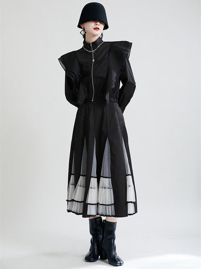 Stylish Solid Color Split-Joint Mesh Falbala Zipper Stand Collar Long Sleeves Outwear