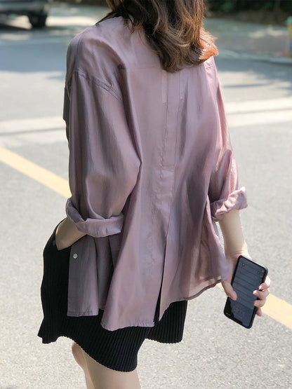 Casual Loose Solid Color Lapel Collar Long Sleeves Shirts