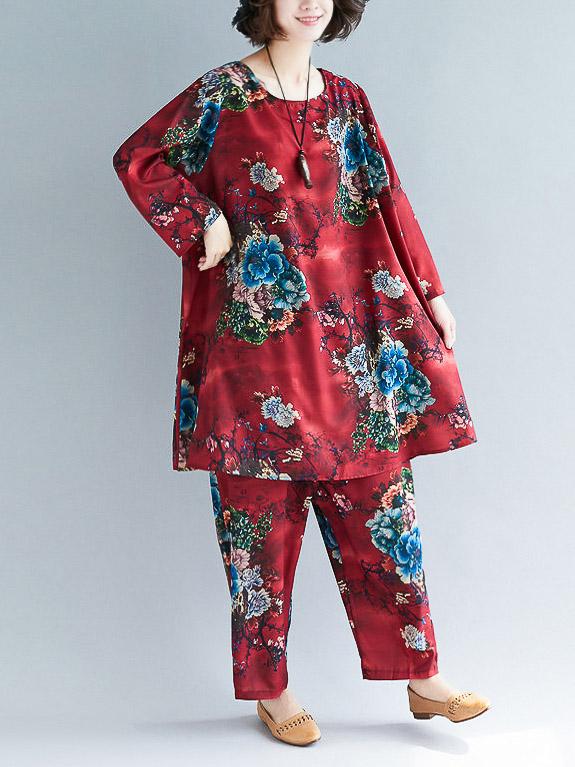 Loose Flower Print Round-neck T-shirt+Pants Suits