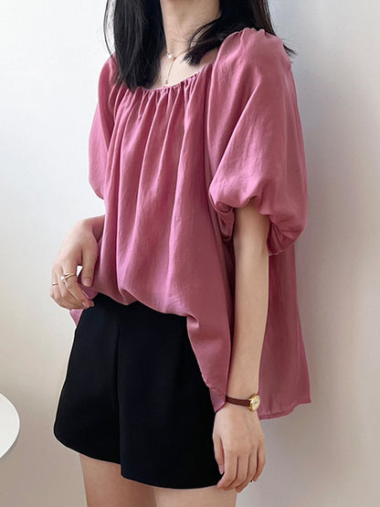 Urban Loose Solid Color Puff Sleeves Off-The-Shoulder T-Shirt
