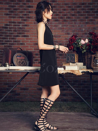 National Embroidered Hollow Spaghetti-neck Mini Dress