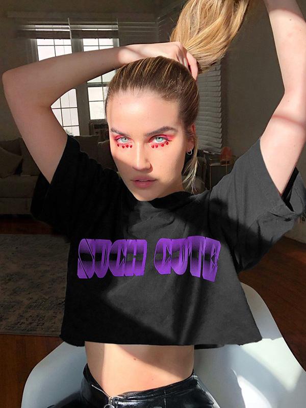 Fashion Letters Printed Loose Exposed Navel T-Shirts Top