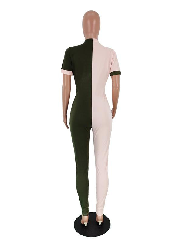 Contrast Color Loose Zipper Sports Jumpsuits