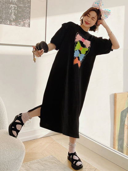 Original Split-Side Printing Puff Sleeve Midi Dress