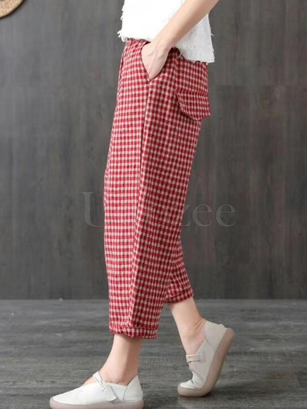 Vintage Ramie Cotton Plaid Capri Harem Pants