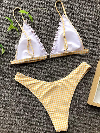 Yellow Ruffled Triangle Top Bikinis Swimwear