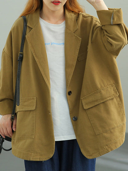 Simple Solid Color Buttoned Notched Collar Batwing Sleeve Outerwear