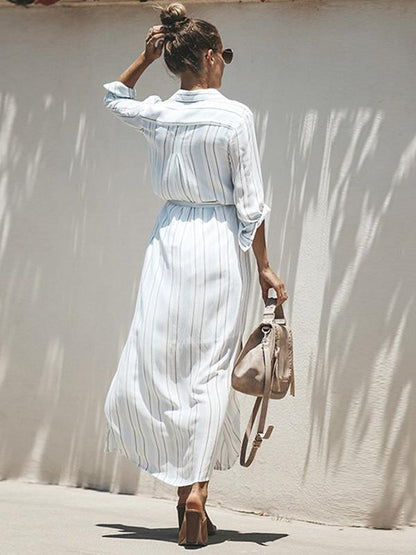 Simple Bohemia Striped Shirt Maxi Dress