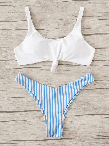 White Top With Striped Panty Bikini Set